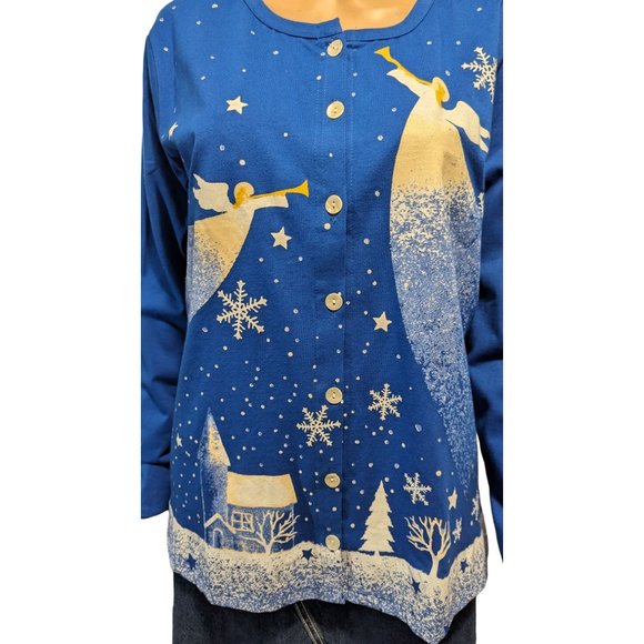 NEW Collections Etc Sz M Winter Angels Peace on Earth Blue Button Cotton Sweater - Picture 2 of 7